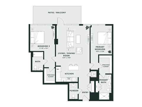Floor plan for 2 beds, 2 baths, 1244 sqft